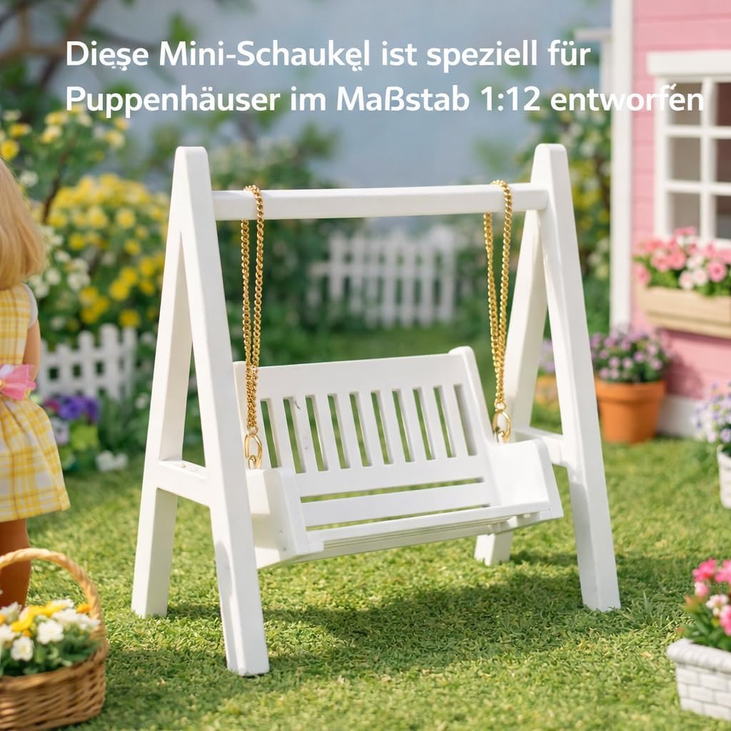 1/12 Puppenhaus Schaukel, Miniatur Holz Schaukel mit Goldener Kette, Wei?e Veranda Dekoration fr Sam