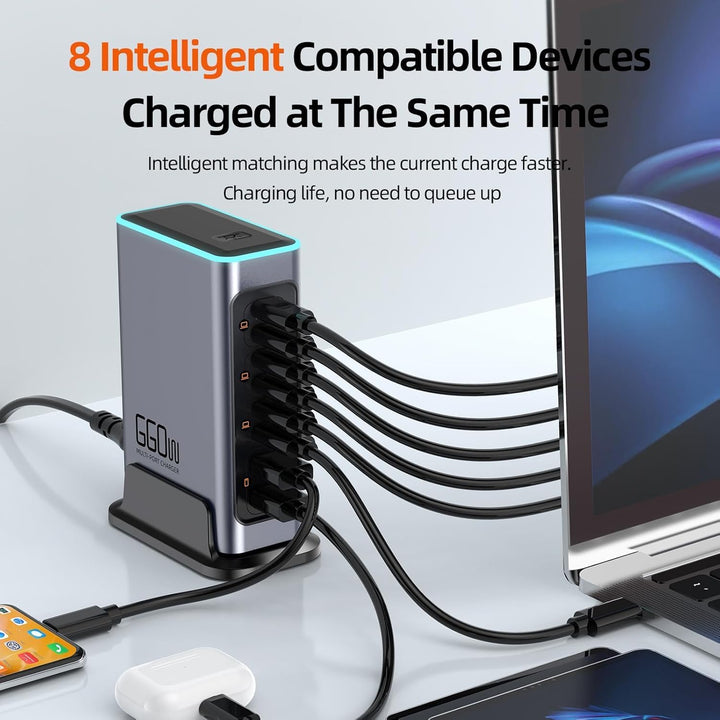 660W USB C Ladegerät 8-Port Schnelles GaN Ladegerät 100W/30W USB C Ladestation mit bunten Lichtern M