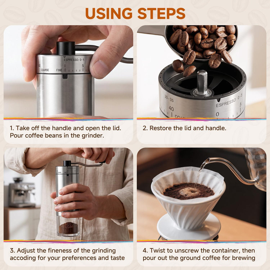 Kaffeemühle manuell aus Edelstahl, 40 Mahlstufen Handkaffeemühle kompakte Kaffeemühle für für Aeropr