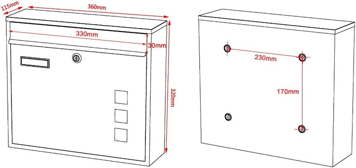 Wiltec Briefkasten V12 Anthrazit 360 x 115 x 320 mm, Wandbriefkasten mit Schloss, Sichtfenstern und