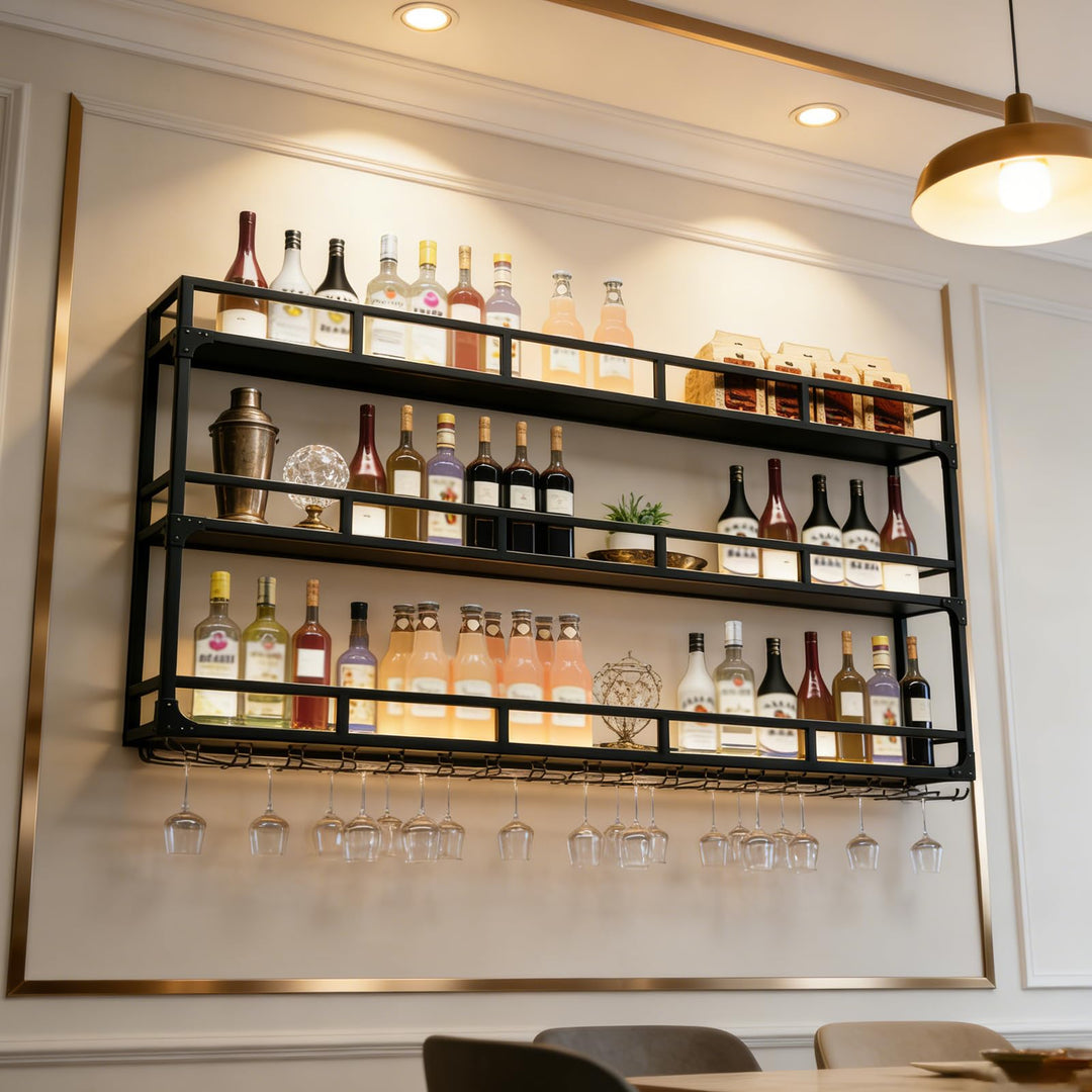 Weinregal Wand, 3 Ebenen Wand-Weinregale mit Glashalter, Multi funktionaler Weinpareite Display Rack
