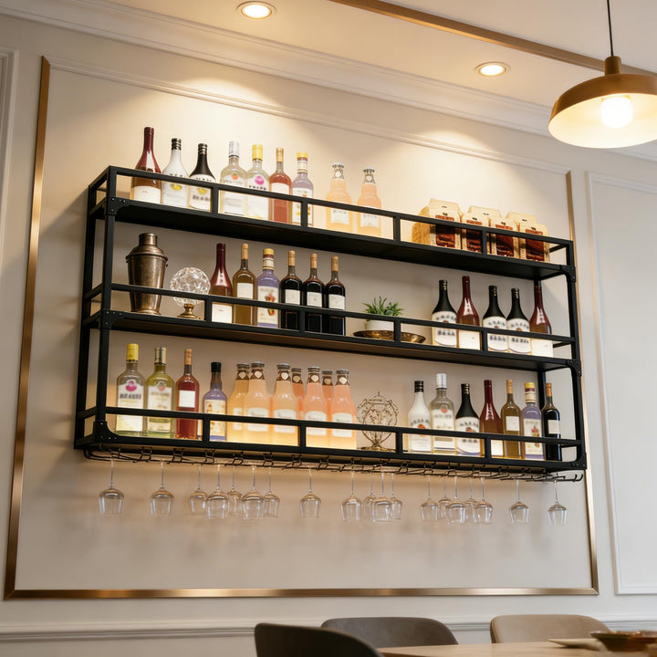 Weinregal Wand, 3 Ebenen Wand-Weinregale mit Glashalter, Multi funktionaler Weinpareite Display Rack