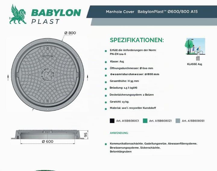 BABYLONPLAST Schachtabdeckung, Schachtdeckel DN600/800, 15kN - Hochbelastbarer Kunststoff Kanaldecke