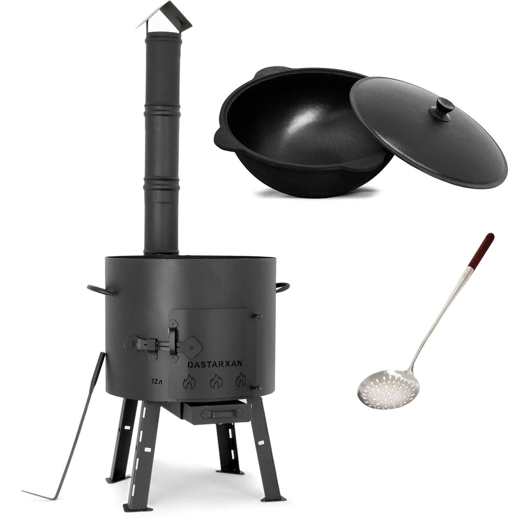 SET Kukmara Utschak mit Abzugs-Rohr, 40cm + 12 Liter Gusseisen Kazan INNEN GLATT + 50cm Schaumlöffel