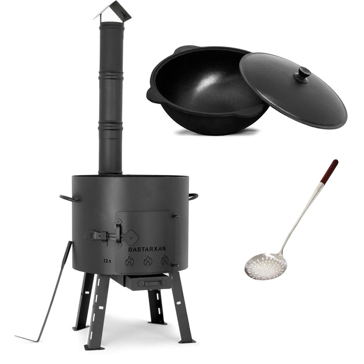 SET Kukmara Utschak mit Abzugs-Rohr, 40cm + 12 Liter Gusseisen Kazan INNEN GLATT + 50cm Schaumlöffel