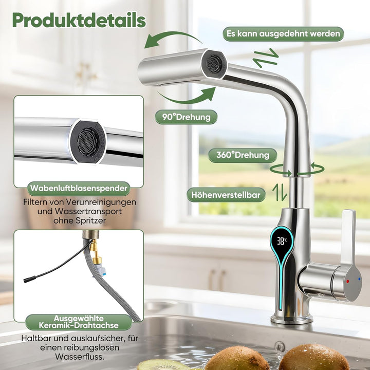 Wasserhahn Küche mit LED Temperaturanzeige, Wasserhahn Küche Ausziehbar, Hochdruck Küchenarmatur mit