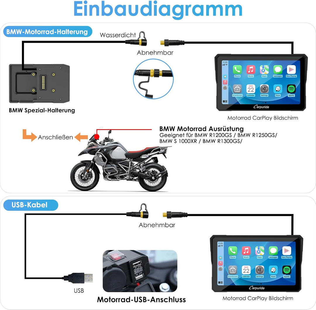 Carpuride W702B Motorrad GPS Carplay Bildschirm mit Design Halterung für BMW Motorräder, Kabelloses