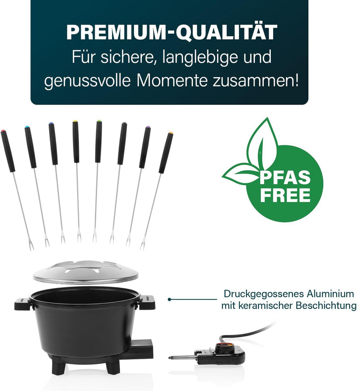 Princess Fondue Black, 1,5L Kapazität, Einstellbarer Thermostat, Keramikbeschichtung, 8 Edelstahlgab