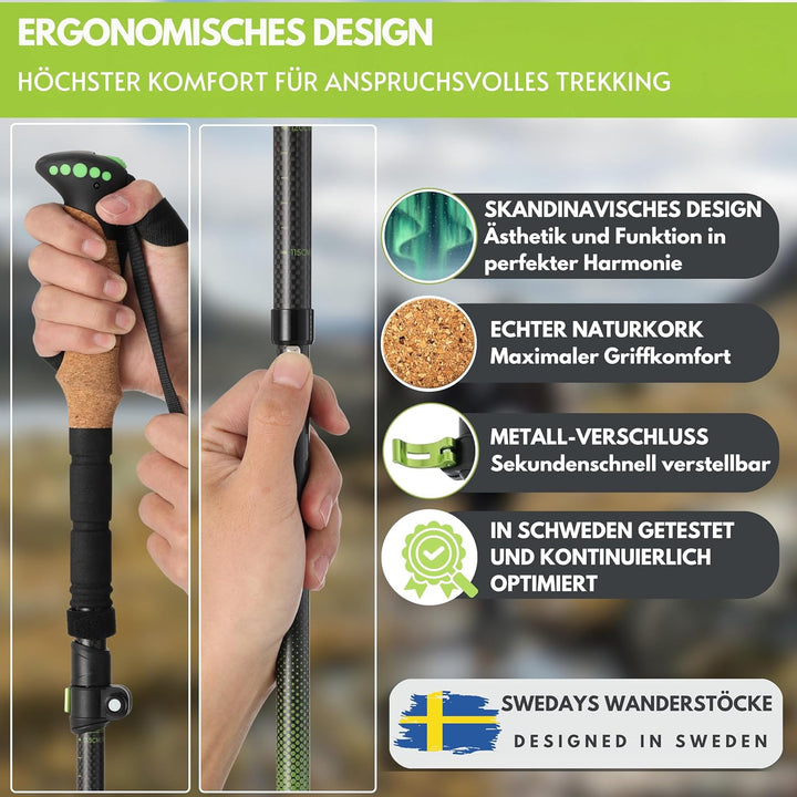 Wanderstöcke Faltbar Carbon oder Aluminium mit Korkgriff, Nordic Walking Stöcke Damen &Herren, Leich
