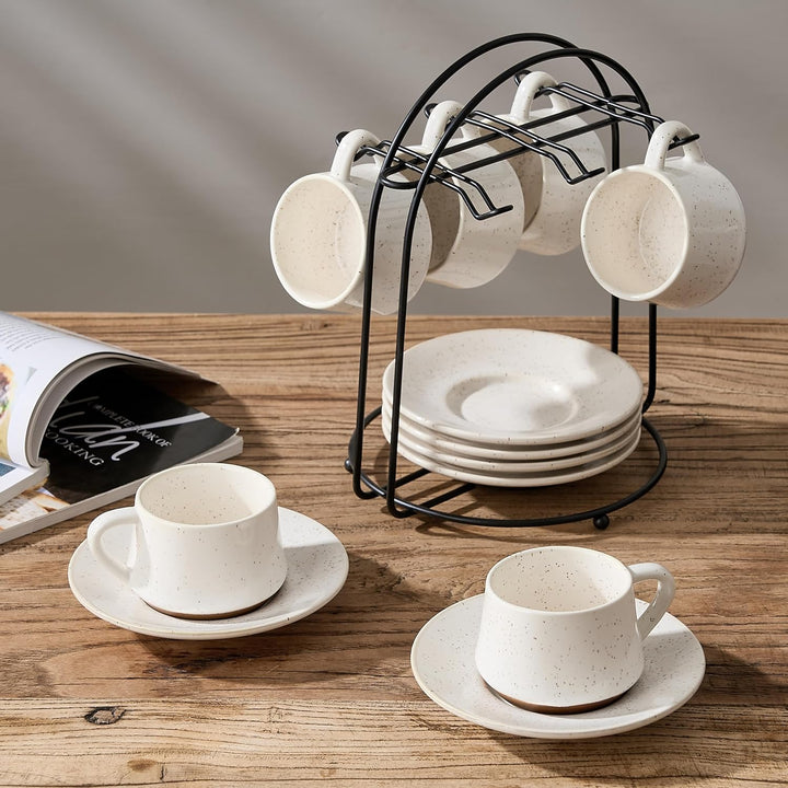 PORCER 6×130 ml (4,4 oz) Keramik-Kaffeetasse und Untertasse mit schwarzem Metallständer, stapelbare