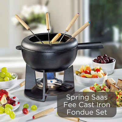 Spring Gusseisen Fondue Set schwarz | Ø 20 cm | mit 8 Fonduegabeln und Spritzschutz | für Käsefondue