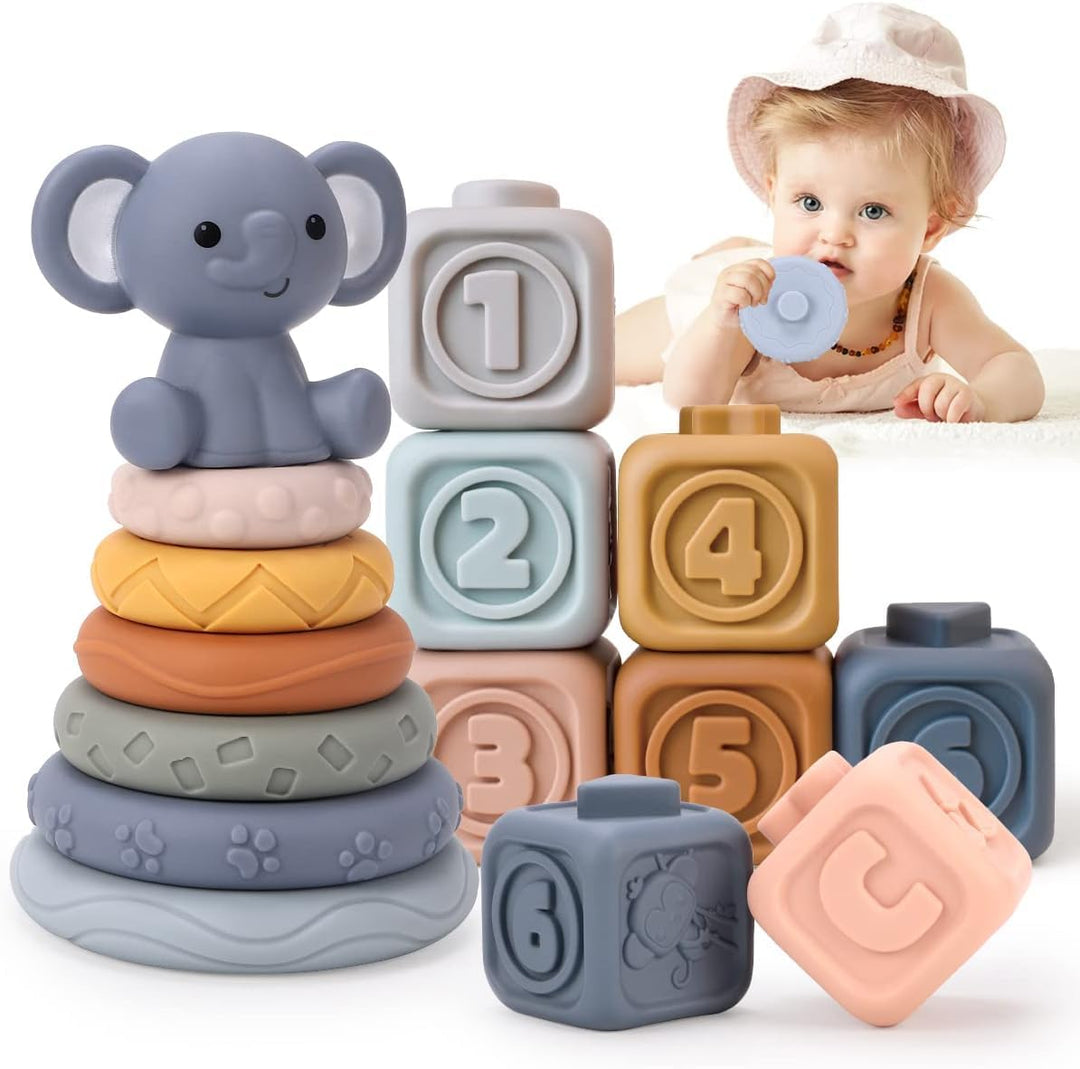 REMOKING Baby Stapelspielzeug ab 6 Monate – Montessori Baby Spielzeug aus Silikon, Stapelringe & Bau