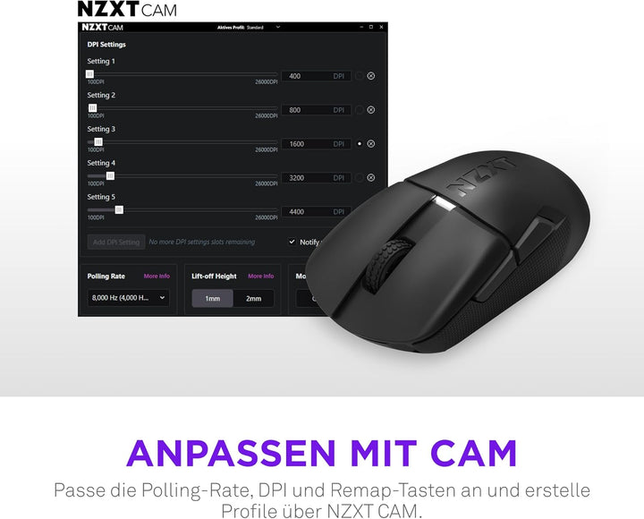 NZXT Gamingmaus Lift Elite Wireless – Ultraleicht: 57 g – Abfragerate 4K / 8K, optische Schalter, op