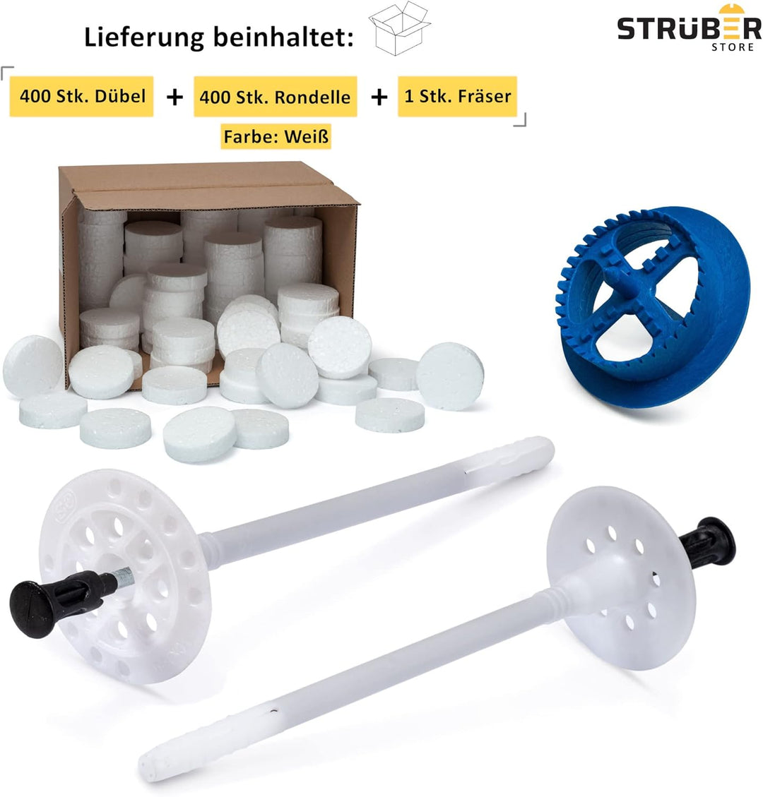 STRÜBER WDVS SET (Ø10x120mm Dämmstoffdübel mit Metalldorn 400St + Weiss Styropor Rondelle 400St + St