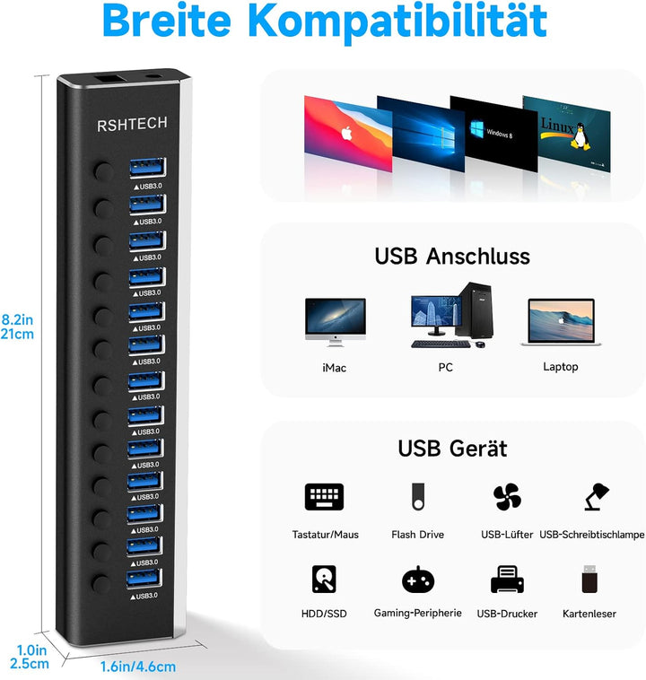 RSHTECH RSHTECH RSH-A13-5 Aluminium USB Hub Active 3.0 mit Netzteil 72 W 12 V/6 A, 13-Port USB Hub A