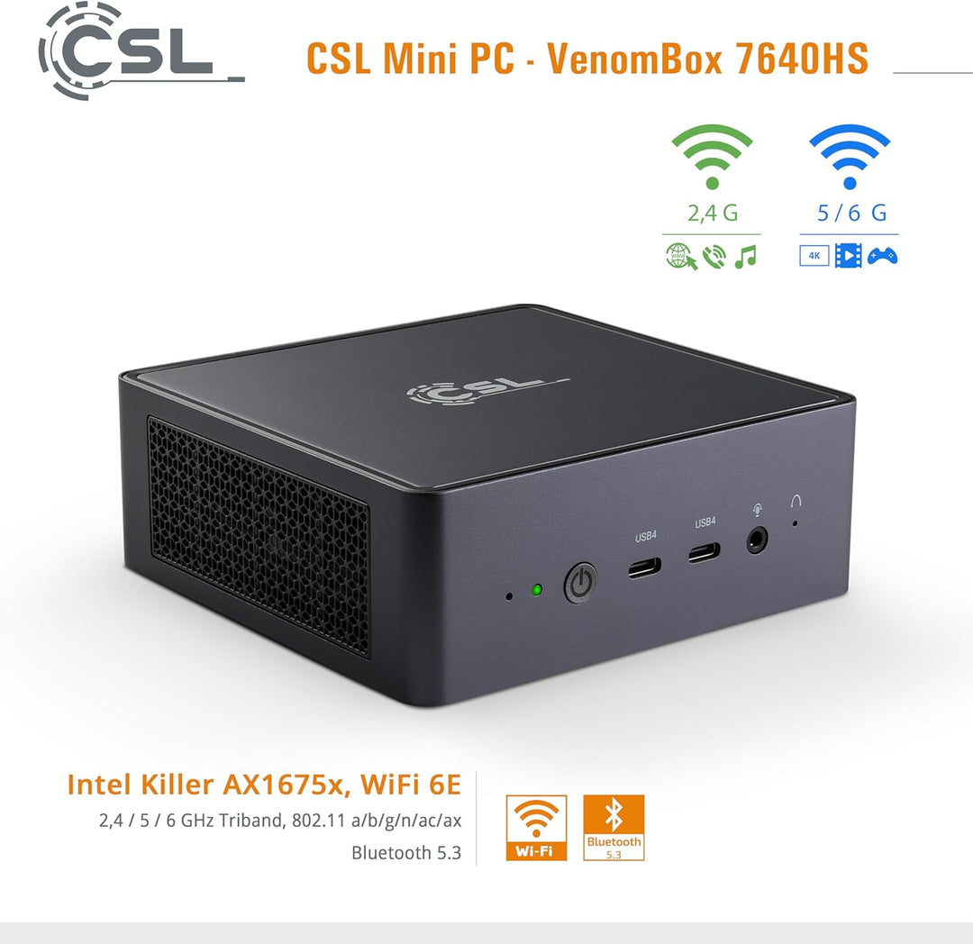 Mini PC CSL VenomBox 7640HS Windows 11 Pro, AMD Ryzen 5 7640HS 6X 4300 MHz, 2000 GB M.2 SSD, 96 GB D