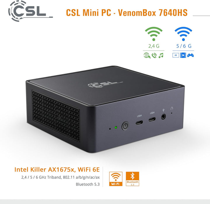 Mini PC CSL VenomBox 7640HS Windows 11 Pro, AMD Ryzen 5 7640HS 6X 4300 MHz, 2000 GB M.2 SSD, 96 GB D