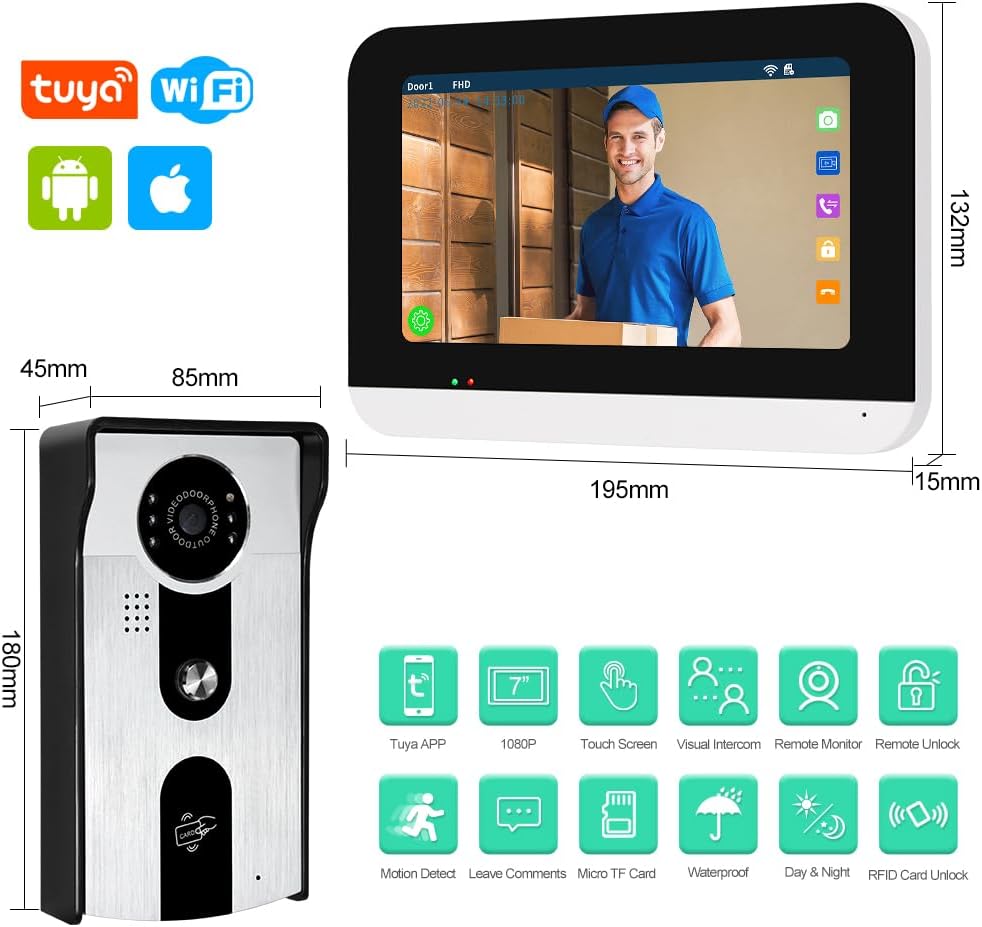 WLAN Tuya Home Video Türklingel Intercom-System 7 Zoll Farb Touchscreen Innenmonitor, 1080P Digits H