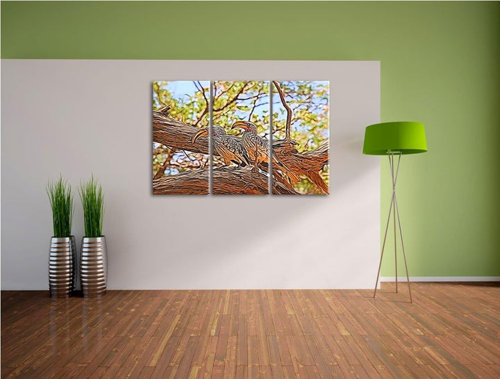 zwei exotische Vögel auf einem Baum NewArt 3-Teiler Leinwandbild 120x80 Bild auf Leinwand, XXL riesi