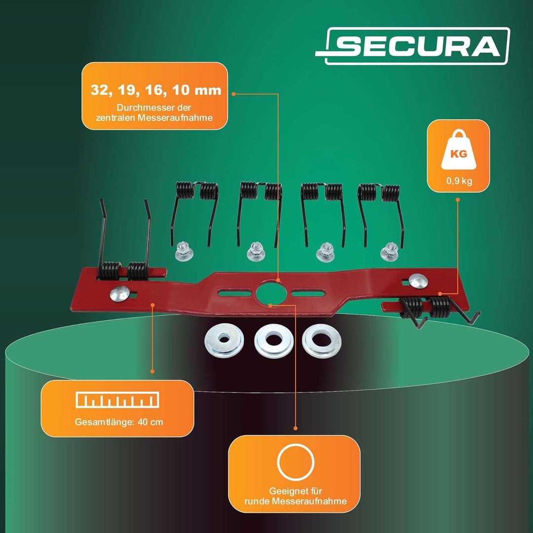 SECURA Vertikutiermesser für Rasenmäher 40 cm Komplettset | Entmooser Kraftharke für Rasenmäher Benz