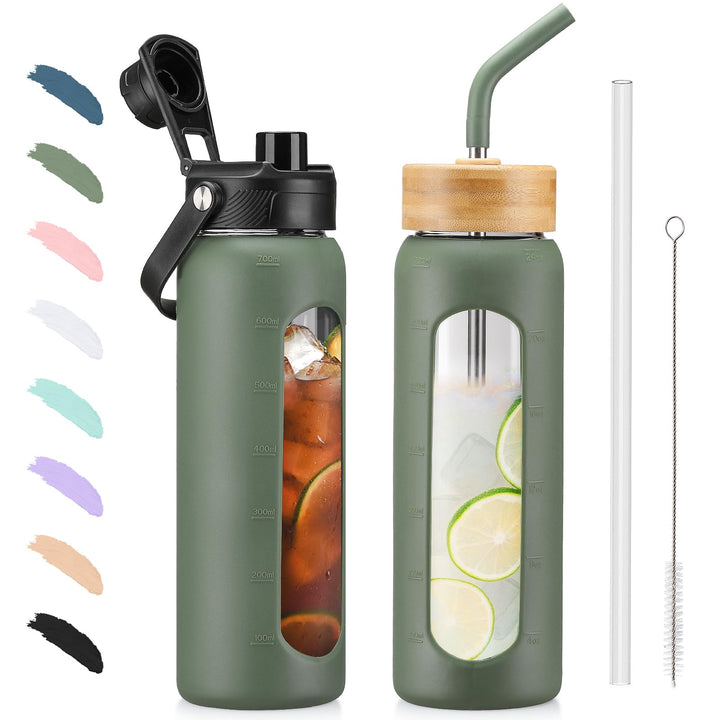 BLUEGO Trinkflasche Glas 700ml Sport Wasserflasche mit 2 Deckeln und Strohhalm Auslaufsichere Glasfl