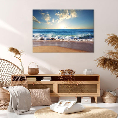 Bilder auf Leinwand 100x70cm Leinwandbild mit Rahmen Meer Ufer Wasser Gross Wanddeko Bild Schlafzimm