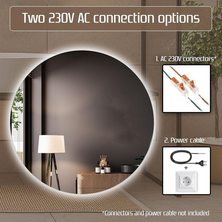 Venti 60cm Badspiegel mit Beleuchtung, Badezimmerspiegel mit Beleuchtung, LED Badspiegel, Spiegel Ru