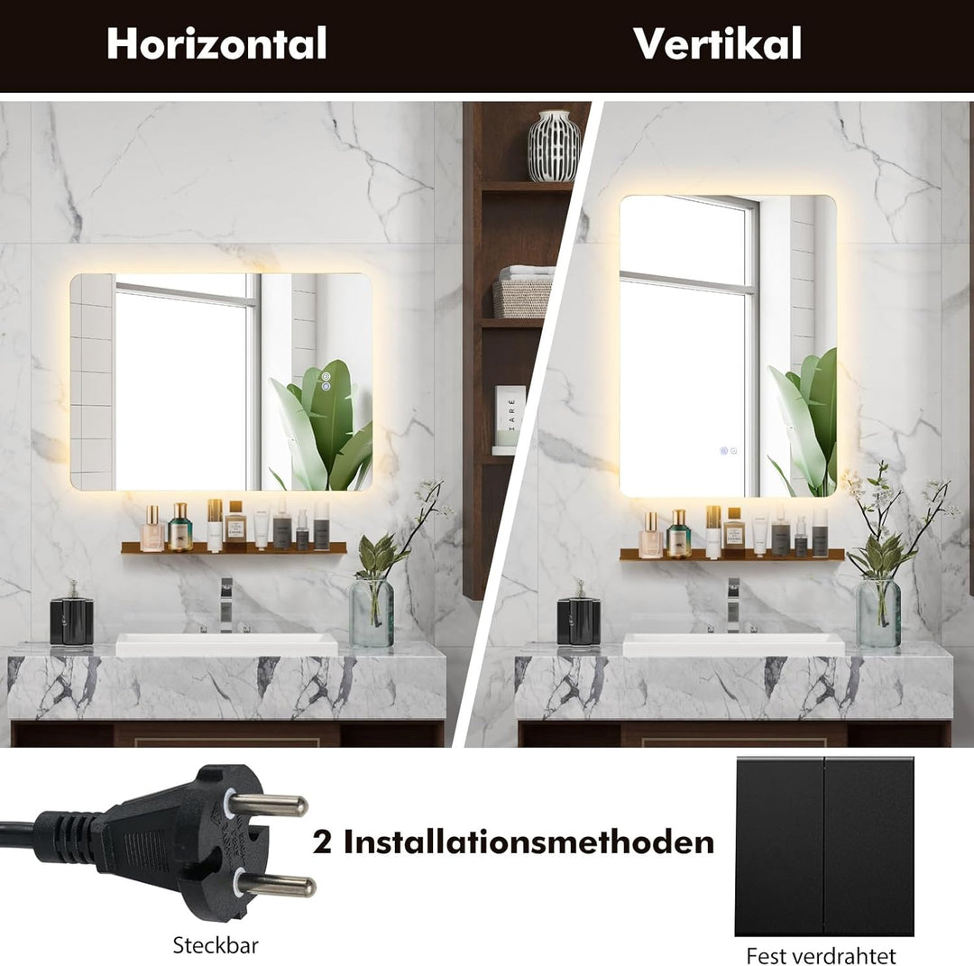 COSTWAY LED Badspiegel mit Beleuchtung, 70 x 50 cm Badezimmerspiegel dimmbar mit Touch Schalter & Me