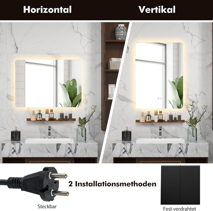 COSTWAY LED Badspiegel mit Beleuchtung, 70 x 50 cm Badezimmerspiegel dimmbar mit Touch Schalter & Me