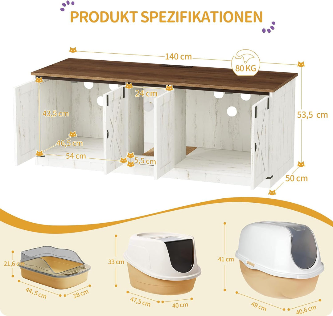 Hzuaneri Katzenschrank mit USB-Anschlüssen und Steckdosen, Katzenklo Schrank, 140 cm Verstecktes Kat