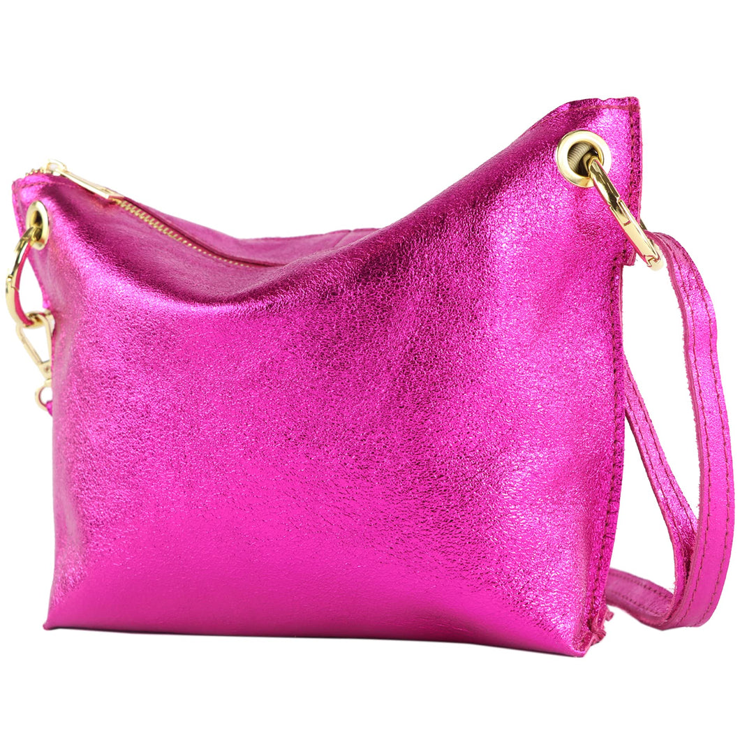 modamoda de - T243 - ital. Umhängetasche Klein Small aus Leder Pink-metallic, Pink-metallic