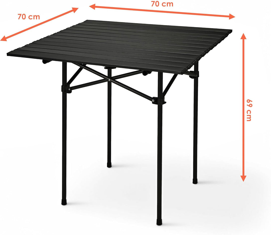 Camping Klapptisch schwarz mit Tragetasche - 70 x 70 cm - Universal Gartentisch mit einrollbarer Tis