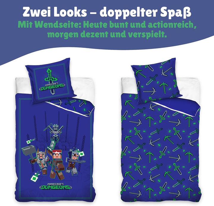 Minecraft Bettwäsche Set für Jungen · Kinderbettwäsche 135x200 80x80 cm aus 100% Baumwolle · Motiv m