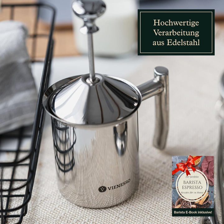 VIENESSO Hand Milchaufschäumer manuell aus Edelstahl mit Doppel-Mesh-Sieb I Milchschäumer für cremig