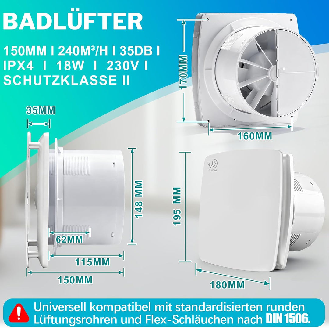 XIIW Badlüfter 150mm mit Nachlauf, 18W Leiser Abluftventilator Lüfter mit Rücklaufklappe, Effiziente
