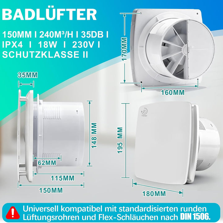XIIW Badlüfter 150mm mit Nachlauf, 18W Leiser Abluftventilator Lüfter mit Rücklaufklappe, Effiziente