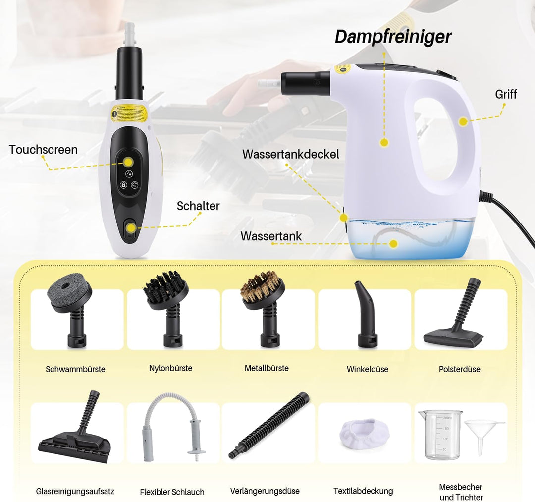 Dampfreiniger Handgerät 1200W, 500ml Handdampfreiniger mit 10 Zubehörteilen, 3 Dampfstufen, 20s Aufh