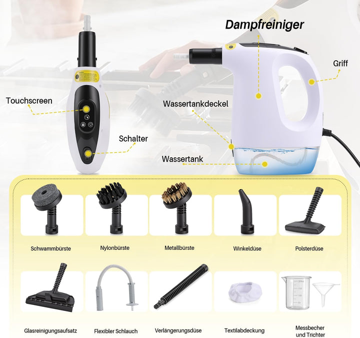 Dampfreiniger Handgerät 1200W, 500ml Handdampfreiniger mit 10 Zubehörteilen, 3 Dampfstufen, 20s Aufh