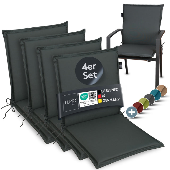 LILENO HOME Gartenstuhl Auflagen [4er Set - Niedriglehner] in Anthrazit - Bequeme Liegen als Sitzauf