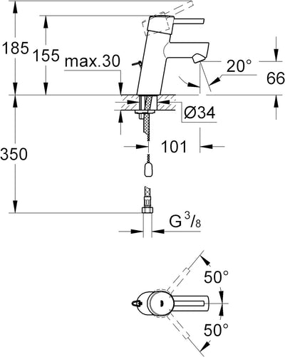 GROHE Concetto Einhand-Waschtischbatterie, mit Kette, reduzierter Wasserverbrauch 3220610E, Silber