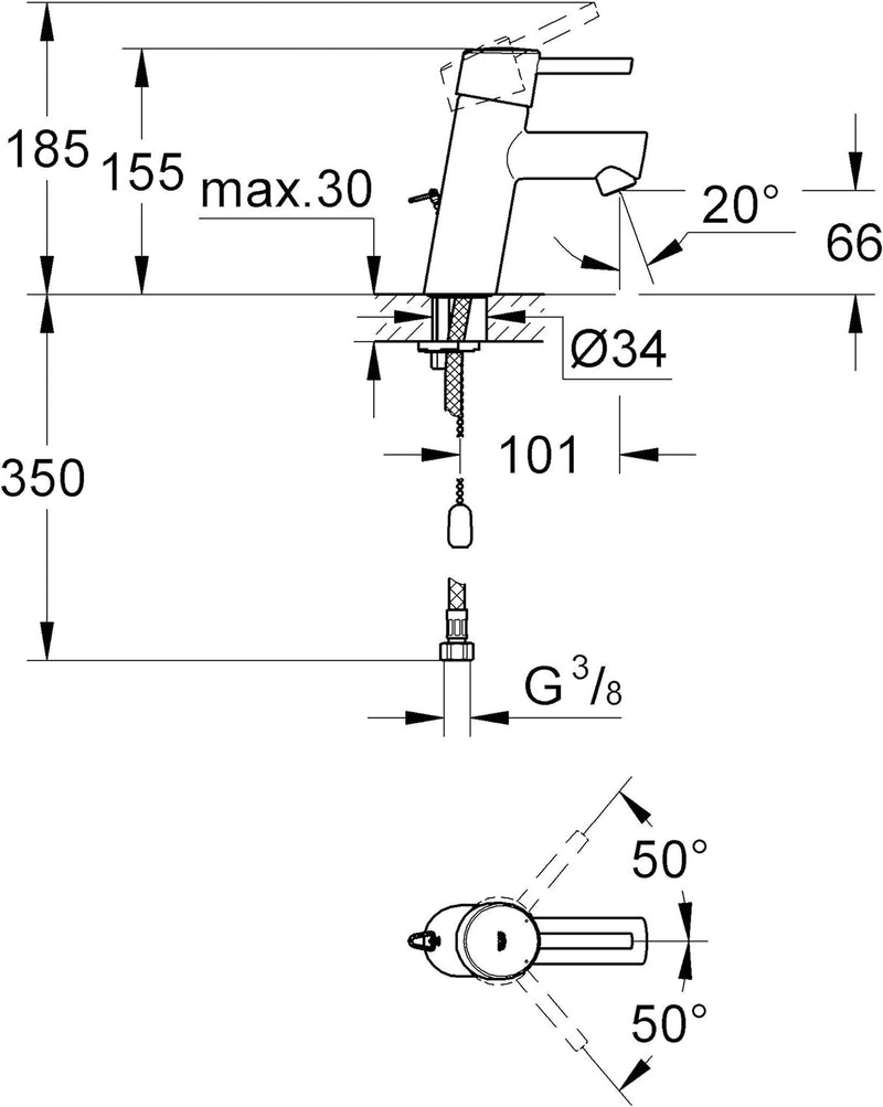 GROHE Concetto Einhand-Waschtischbatterie, mit Kette, reduzierter Wasserverbrauch 3220610E, Silber