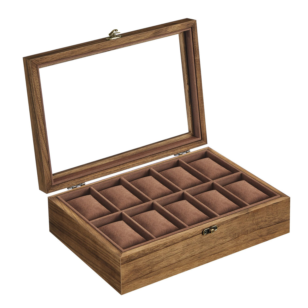 SONGMICS Uhrenbox mit 10 Fächern, Uhrenkasten aus Massivholz, mit Glasdeckel, Uhrenkissen, Geschenk