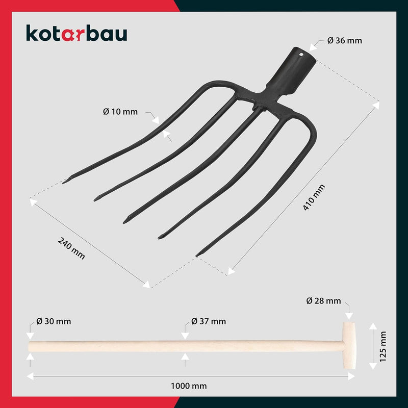KOTARBAU® Stahlforke mit 5 Zinken Schwarz für Gartenarbeiten Mistgabel Mistforke