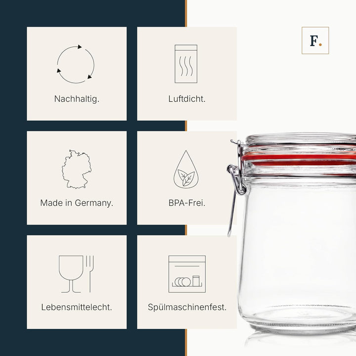 Flaschenbauer- 12 Drahtbügelgläser 800ml verwendbar als Einmachglas und Fermentierglas, zu Aufbewahr