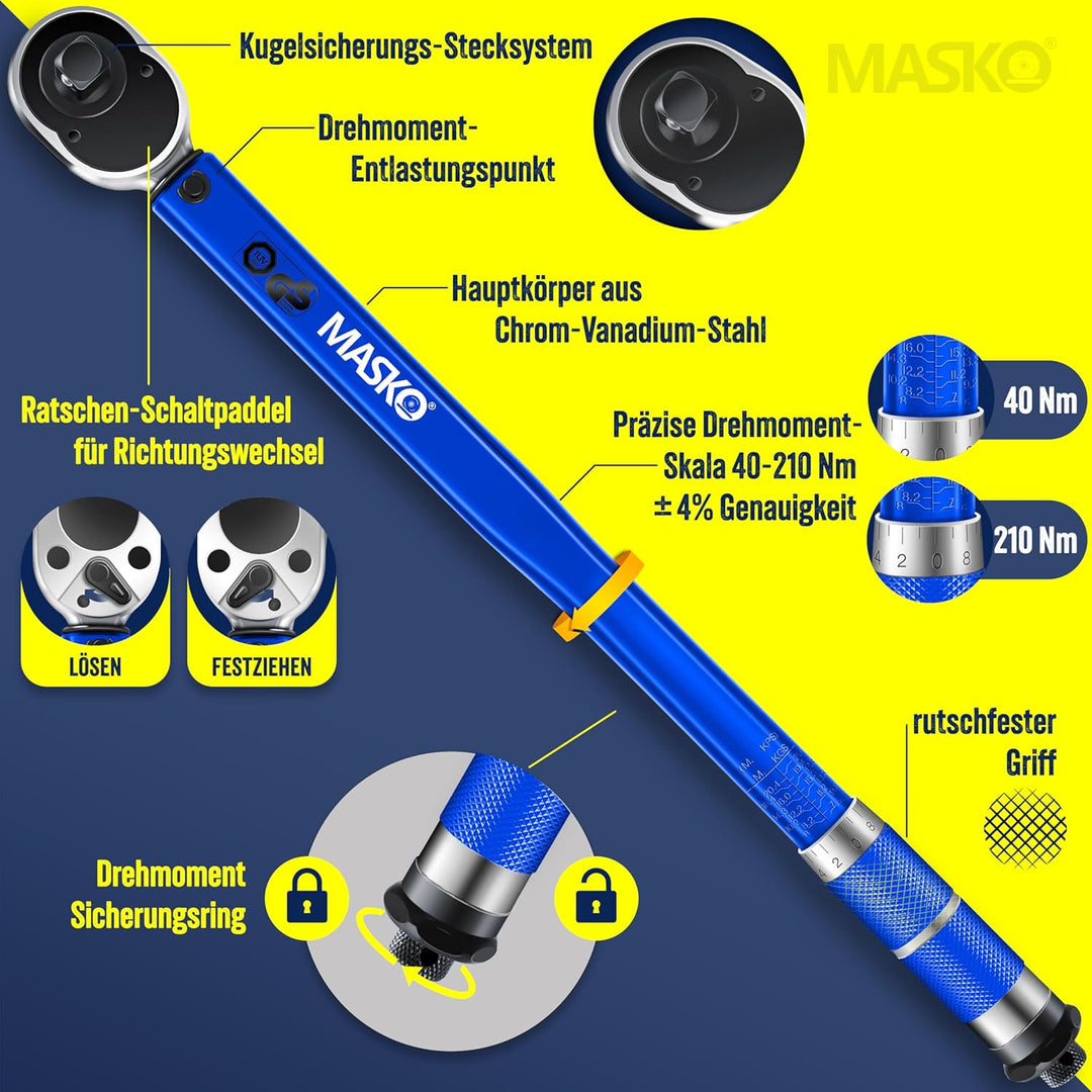 MASKO® Drehmomentschlüssel 6tlg. Set 40-210Nm 1/2 ' CV inkl. 3 Stecknüsse 17mm 19mm 21mm & Verlänger