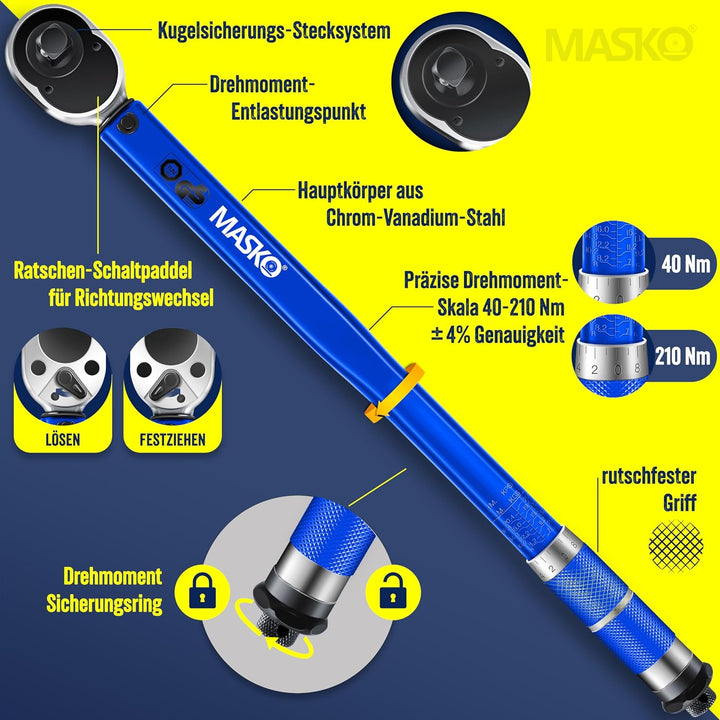MASKO® Drehmomentschlüssel 6tlg. Set 40-210Nm 1/2 ' CV inkl. 3 Stecknüsse 17mm 19mm 21mm & Verlänger
