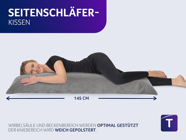 Traumnacht Seitenschläferkissen aus gemütlichem Cord-Bezug, steingrau, 1.300 Gramm Füllgewicht mit R