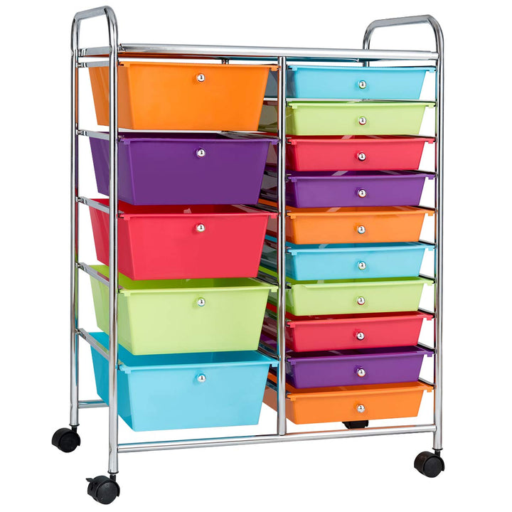 COSTWAY Rollwagen mit 15 stapelbaren Schubladen, Schubladenwagen Rollcontainer mit Metallgestell und