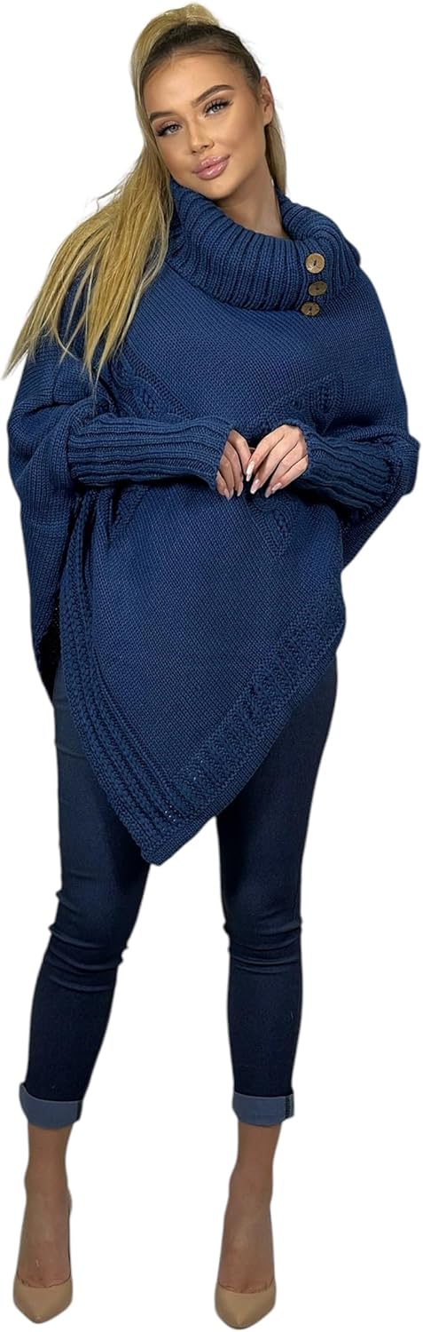 Mississhop Poncho Strick Sweatshirt Pullover Umhang Überwurf Einheitsgrösse Jeansblau, Einheitsgröss
