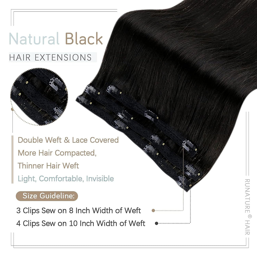 RUNATURE Haarverlängerung Echthaar Clip Schwarz 45cm 3 Stück Naturliches Haar Extensions Seamless #1